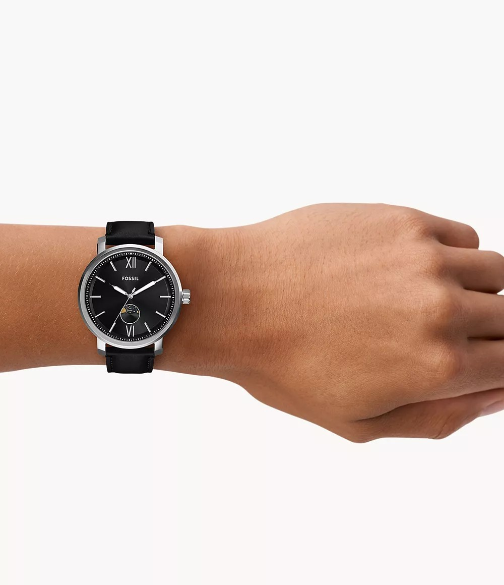 Reloj de caballero Fossil Moonphase Rhett Multifunción de cuero Negro