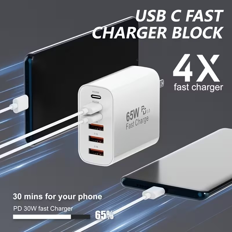 Cargador Rápido 65W Multi-Puerto – Carga 6 Dispositivos al Mismo Tiempo