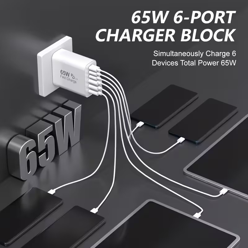 Cargador Rápido 65W Multi-Puerto – Carga 6 Dispositivos al Mismo Tiempo
