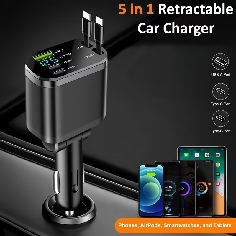 Cargador Rápido para Auto 5 en 1 – 120W con Puertos PD y Carga Ultra Rápida