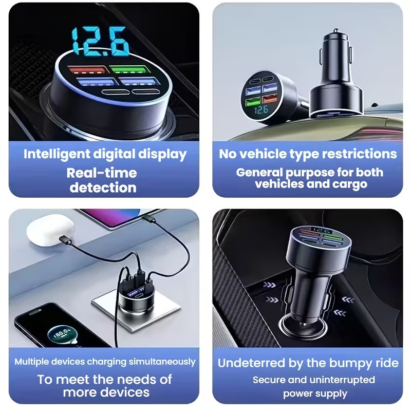 Cargador Rápido para Auto 6 en 1 – 66W con Pantalla Digital y Carga Múltiple