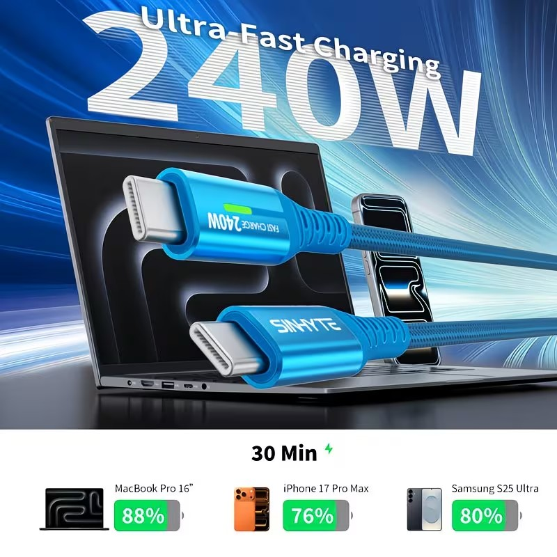 Cable USB-C a USB-C 240W – Carga Súper Rápida con Pantalla y Máxima Resistencia