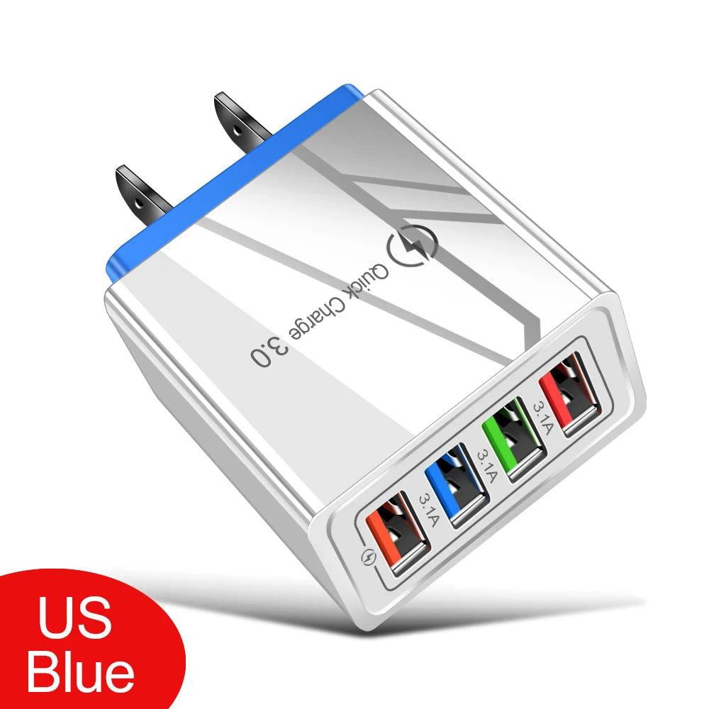Cargador USB 3A de 4 Puertos – Carga Rápida QC 3.0 (Enchufe UE / US) para iPhone y Android