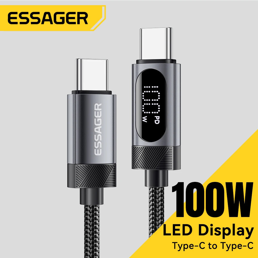 ESSAGER Cable USB-C a USB-C 100W PD con Pantalla Digital – Carga Rápida 5A