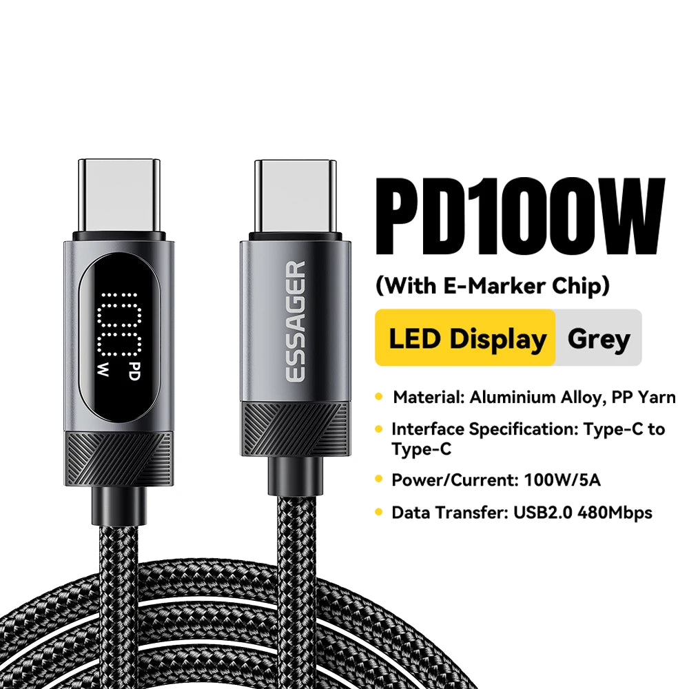 ESSAGER Cable USB-C a USB-C 100W PD con Pantalla Digital – Carga Rápida 5A