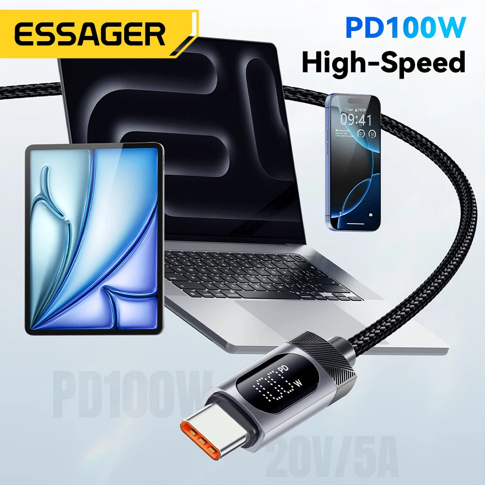 ESSAGER Cable USB-C a USB-C 100W PD con Pantalla Digital – Carga Rápida 5A