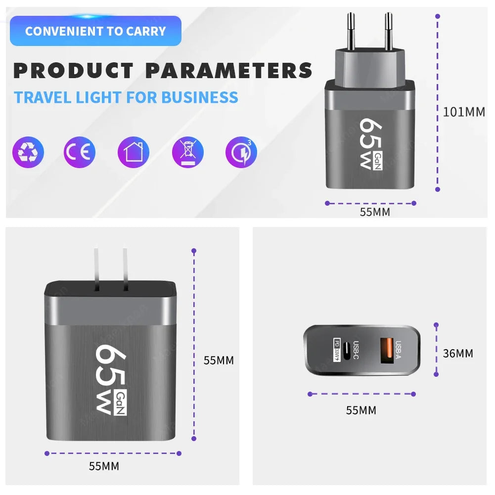 Cargador USB PD 65W GaN – 2 Puertos (USB-A + Tipo C) Carga Rápida