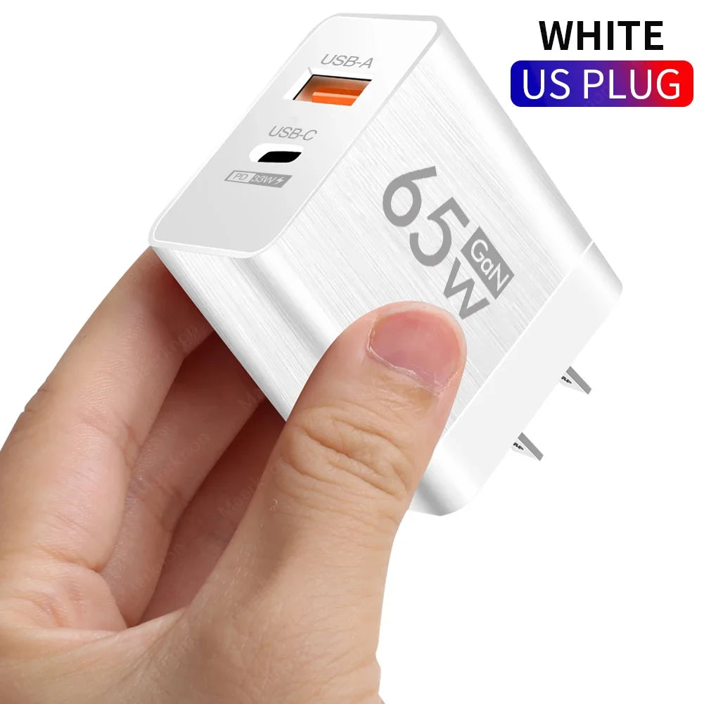 Cargador USB PD 65W GaN – 2 Puertos (USB-A + Tipo C) Carga Rápida