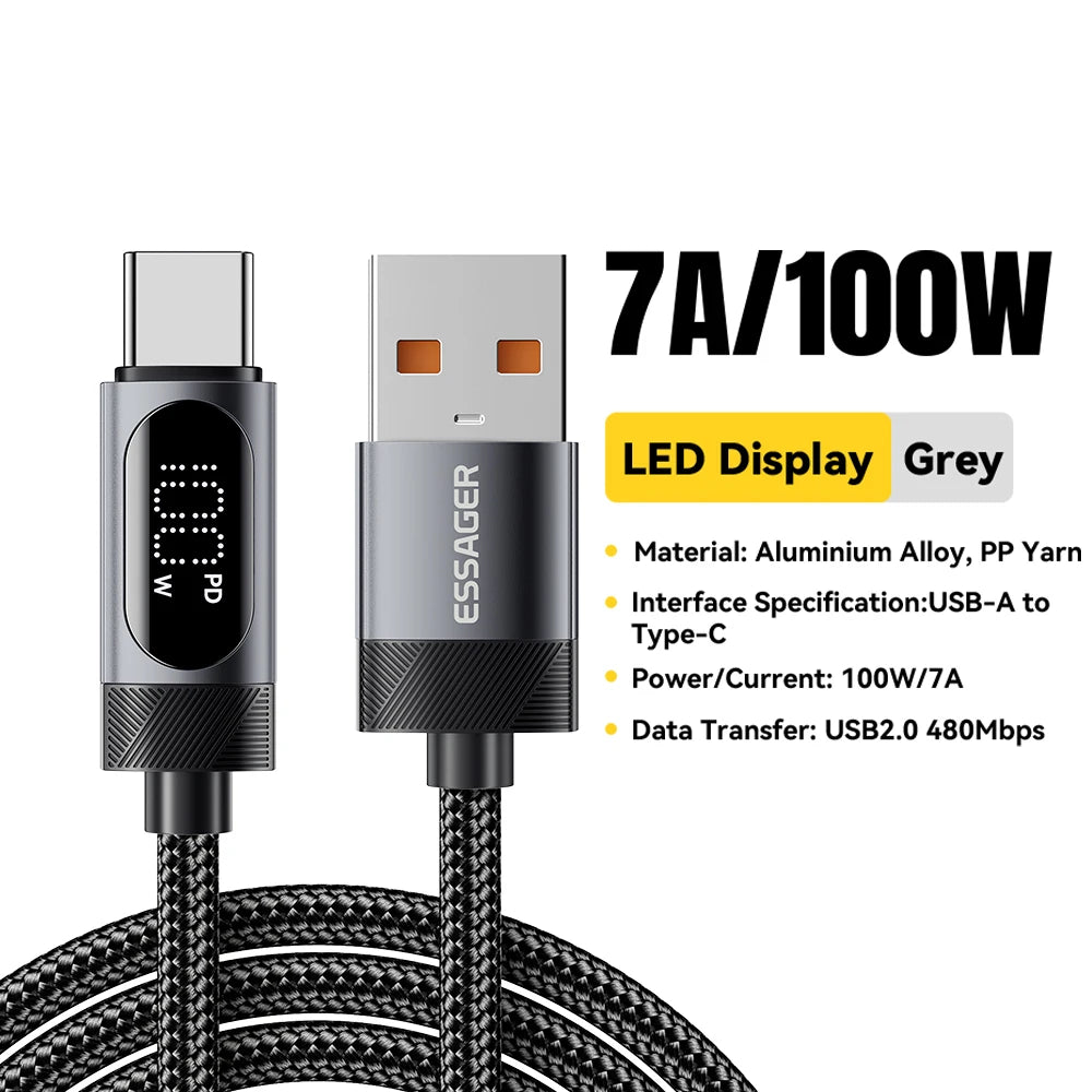 ESSAGER Cable USB-C a USB-C 100W PD con Pantalla Digital – Carga Rápida 5A