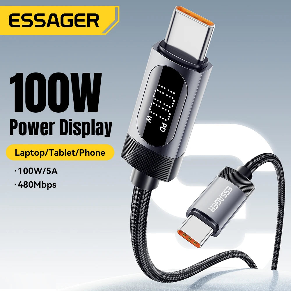 ESSAGER Cable USB-C a USB-C 100W PD con Pantalla Digital – Carga Rápida 5A