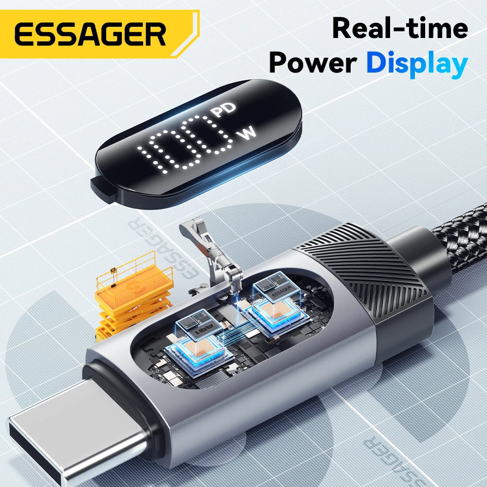 ESSAGER Cable USB-C a USB-C 100W PD con Pantalla Digital – Carga Rápida 5A