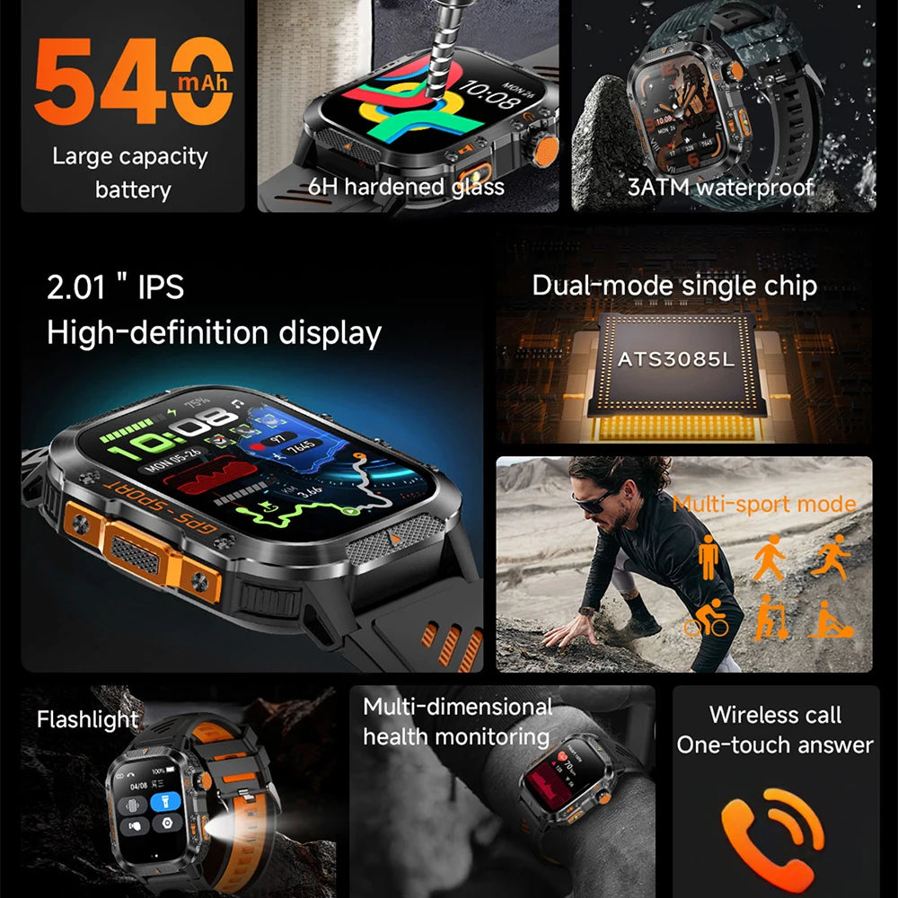 Reloj Inteligente Militar con GPS Real y Brújula – Outdoor 3ATM