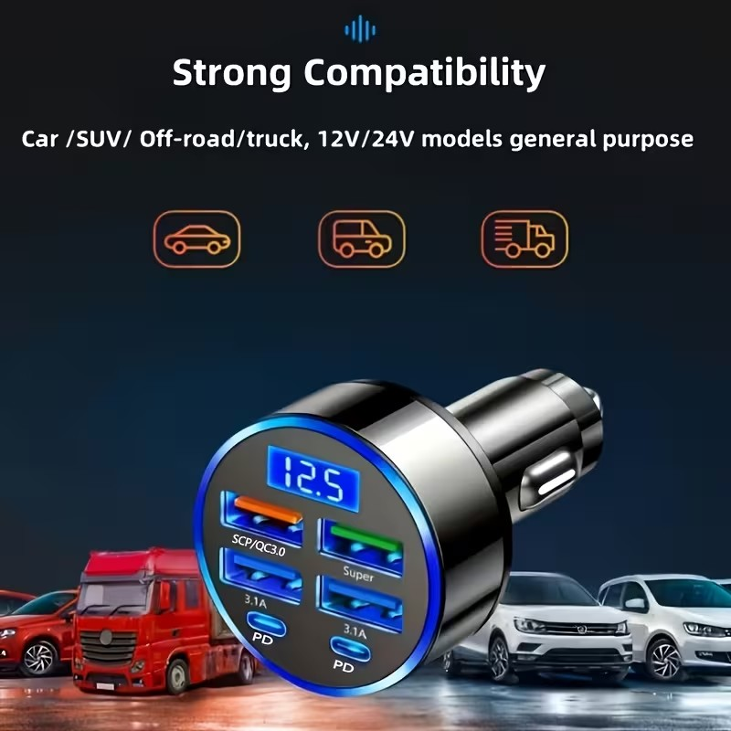 Cargador Rápido para Auto 6 en 1 – 66W con Pantalla Digital y Carga Múltiple