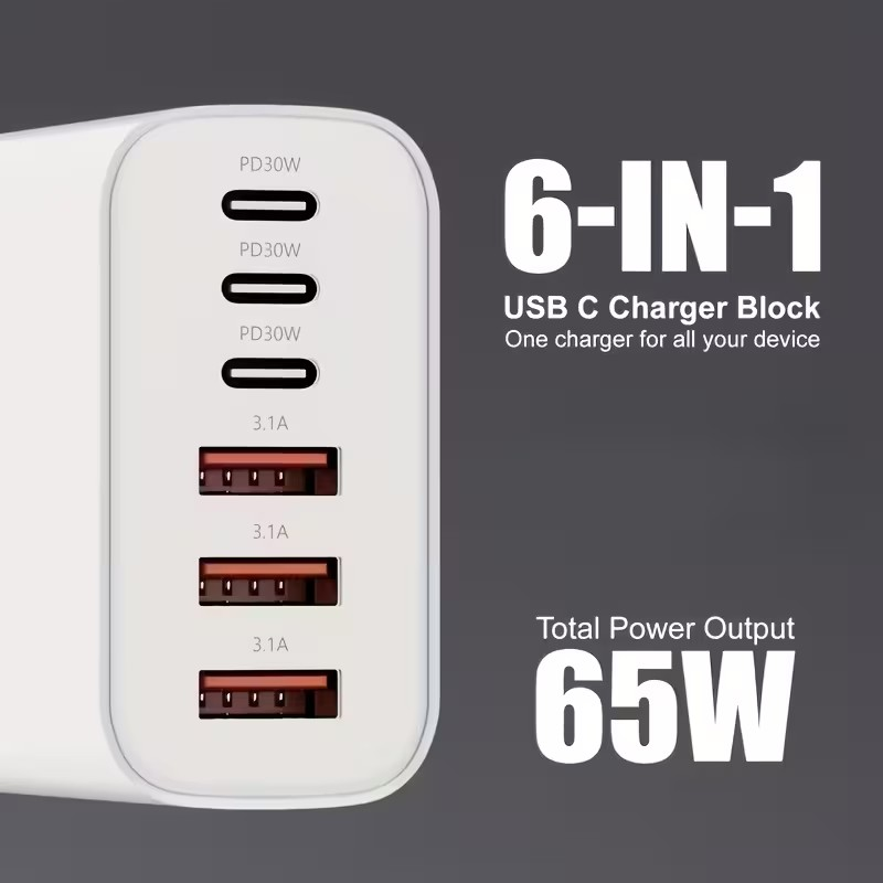 Cargador Rápido 65W Multi-Puerto – Carga 6 Dispositivos al Mismo Tiempo