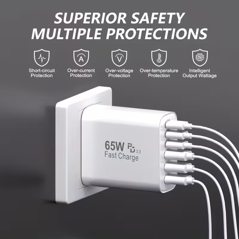 Cargador Rápido 65W Multi-Puerto – Carga 6 Dispositivos al Mismo Tiempo