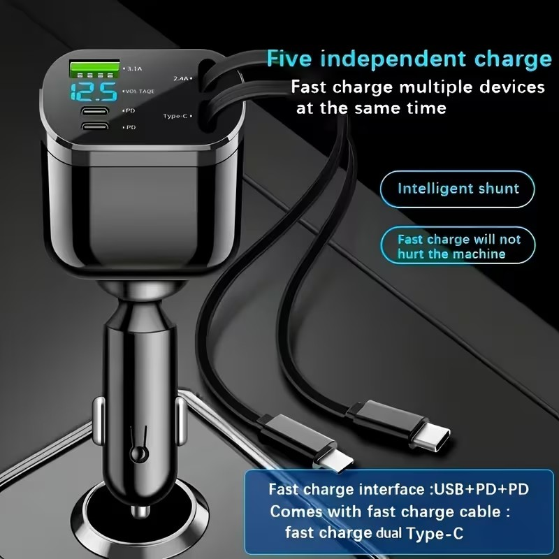 Cargador Rápido para Auto 5 en 1 – 120W con Puertos PD y Carga Ultra Rápida