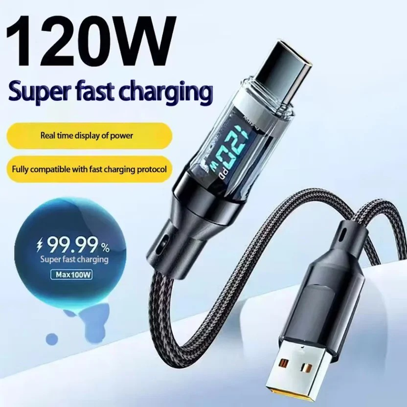 Cable de Carga Súper Rápida 120W con Pantalla LED – USB a Tipo C / Tipo C a Tipo C