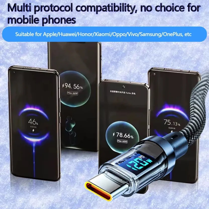 Cable de Carga Súper Rápida 120W con Pantalla LED – USB a Tipo C / Tipo C a Tipo C