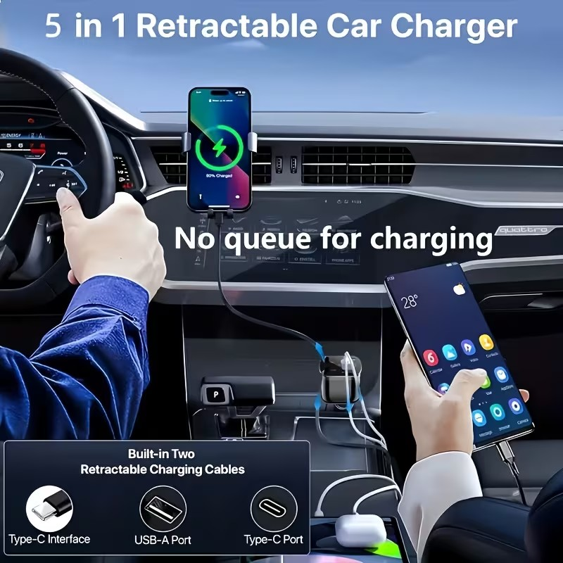 Cargador Rápido para Auto 5 en 1 – 120W con Puertos PD y Carga Ultra Rápida
