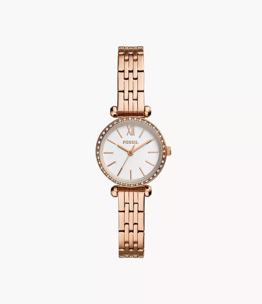 Reloj de dama Fossil Tillie Mini de acero inoxidable en tono oro rosa y con tres agujas