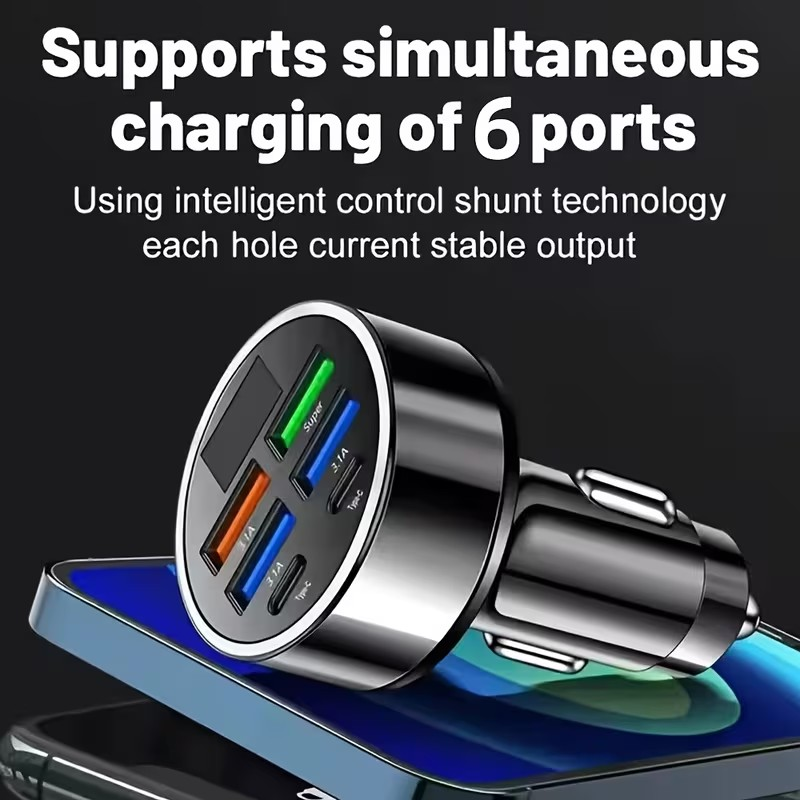 Cargador Rápido para Auto 6 en 1 – 66W con Pantalla Digital y Carga Múltiple