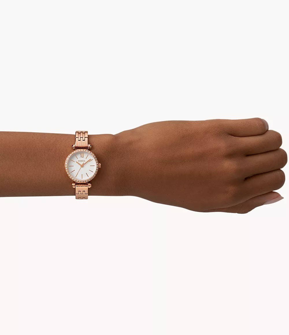 Reloj de dama Fossil Tillie Mini de acero inoxidable en tono oro rosa y con tres agujas
