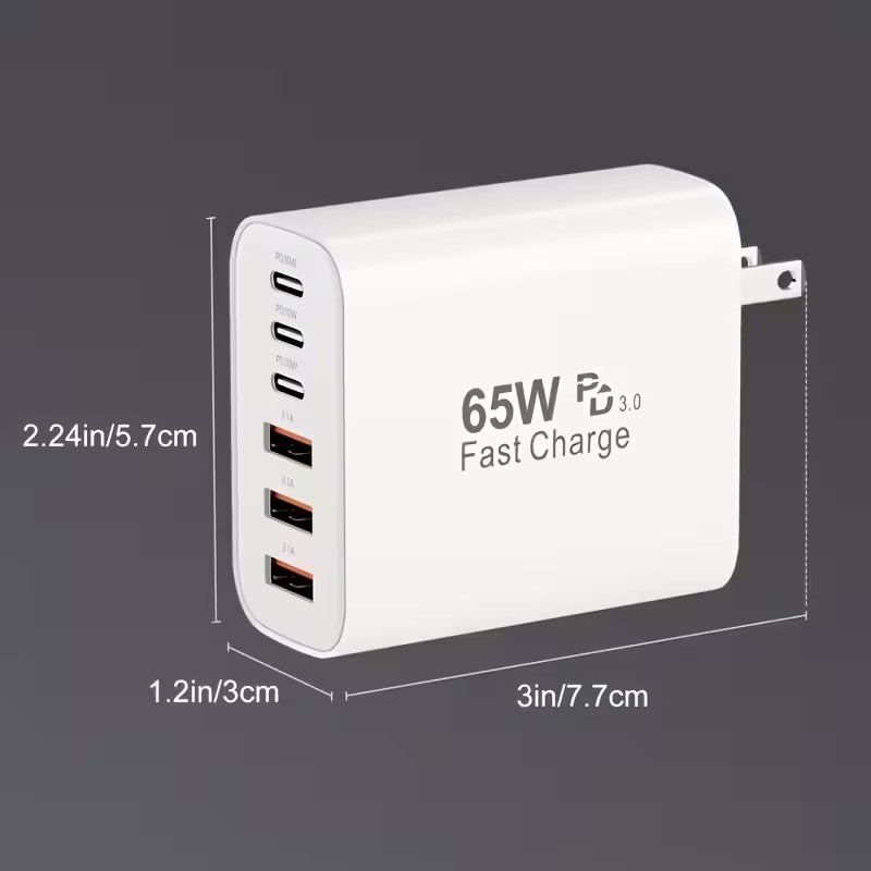 Cargador Rápido 65W Multi-Puerto – Carga 6 Dispositivos al Mismo Tiempo